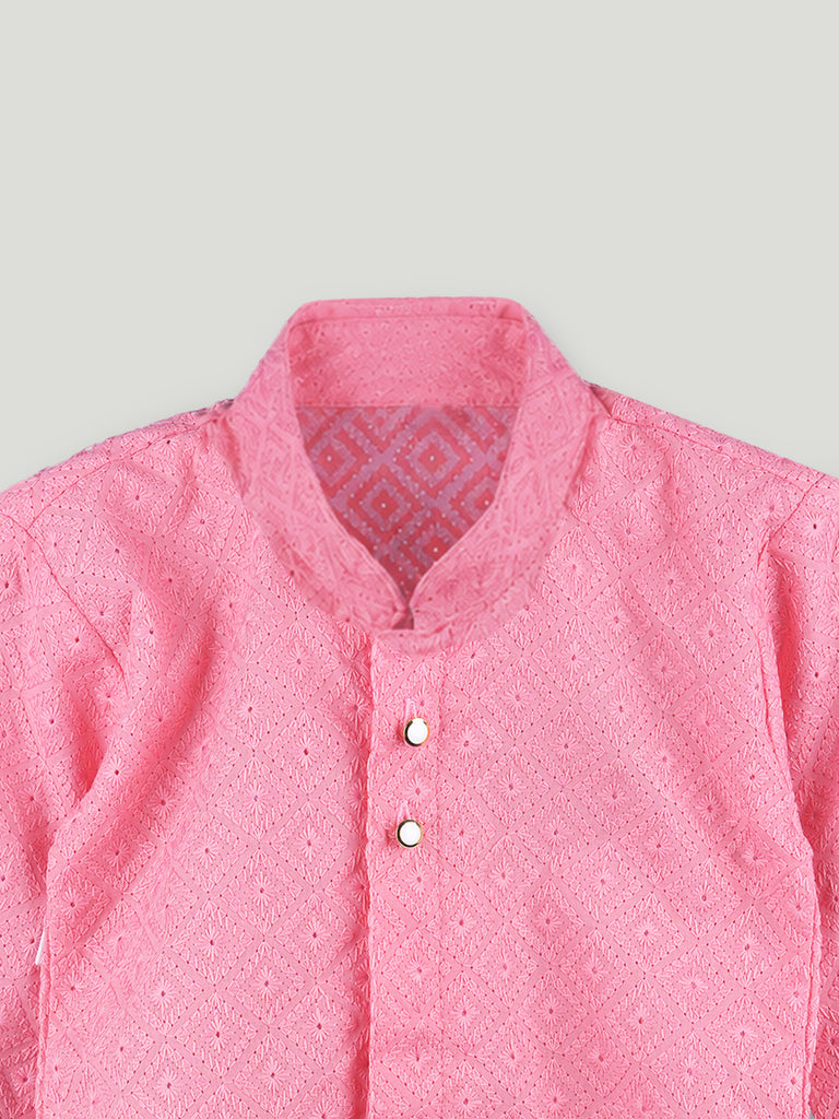 Boys Pink Kurta & White Dhoti Set – Traditional Festive Ethnic Wear