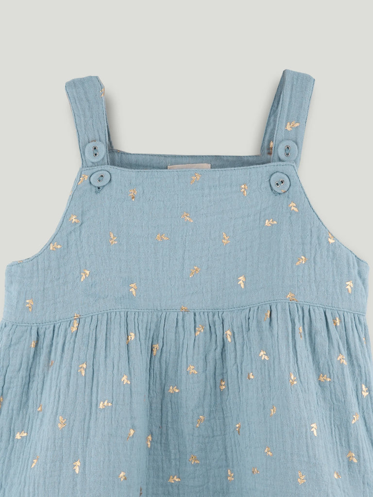 Girls Organic Cotton Sky Blue Floral Print Dress & Bloomers Set with Headband