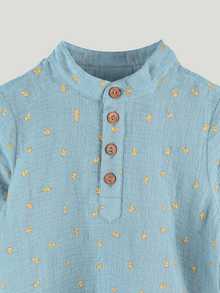 Organic Cotton Boys Mandarin Collar Full Sleeve Shirt - Sky Blue