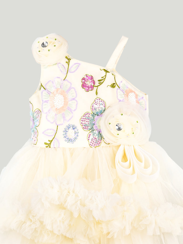 Girls Cream Partywear Frock – Floral Embroidered & Layered Tulle Dress