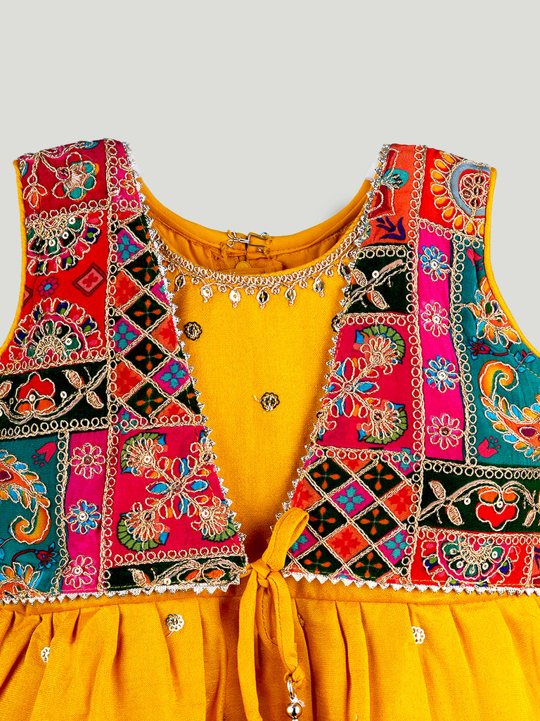Girls Ethnic Yellow Kurta & Salwar Set – Embroidered Multicolor Jacket Style Festive Wear