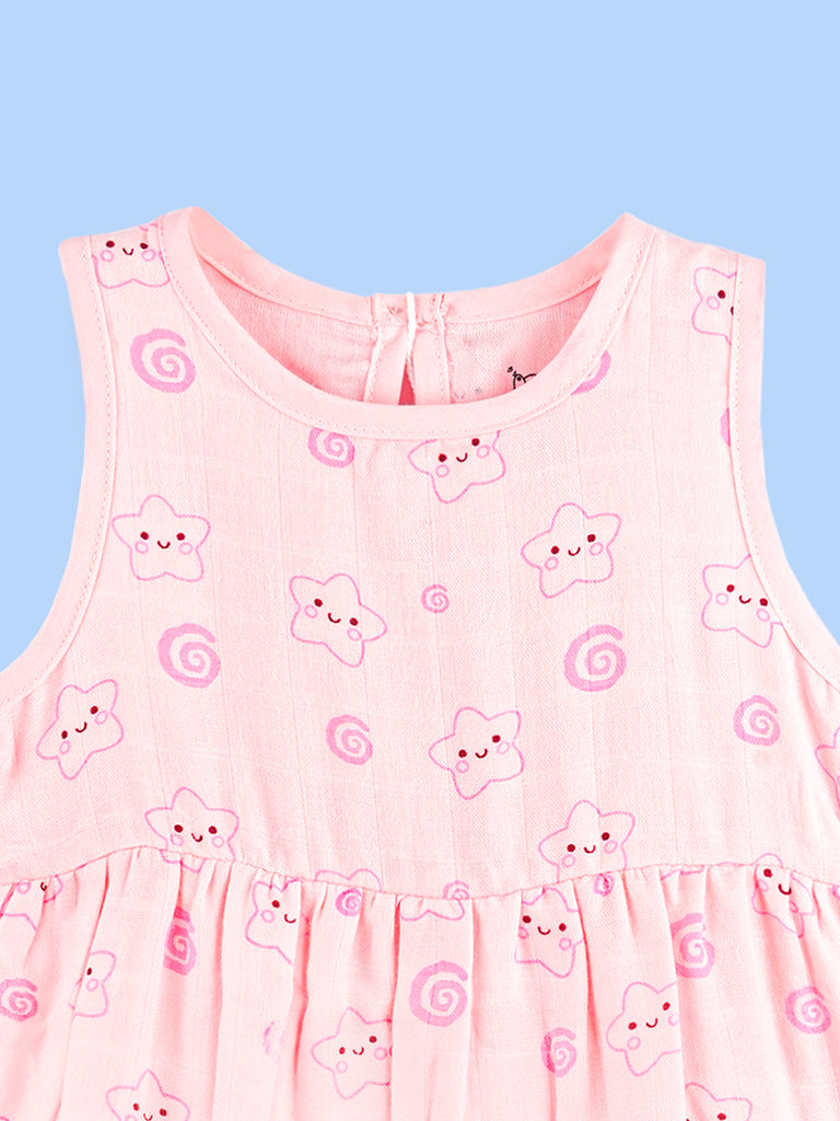 BambooTEC™ Bamboo Muslin Baby Girls Frock – Pink Floral & Smiley Print