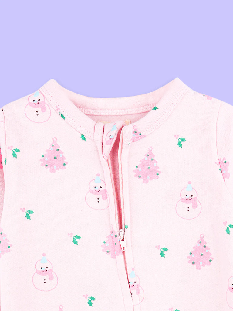 Cotton Baby Girls Footed Romper – Pink Christmas Print Full-Sleeve Romper