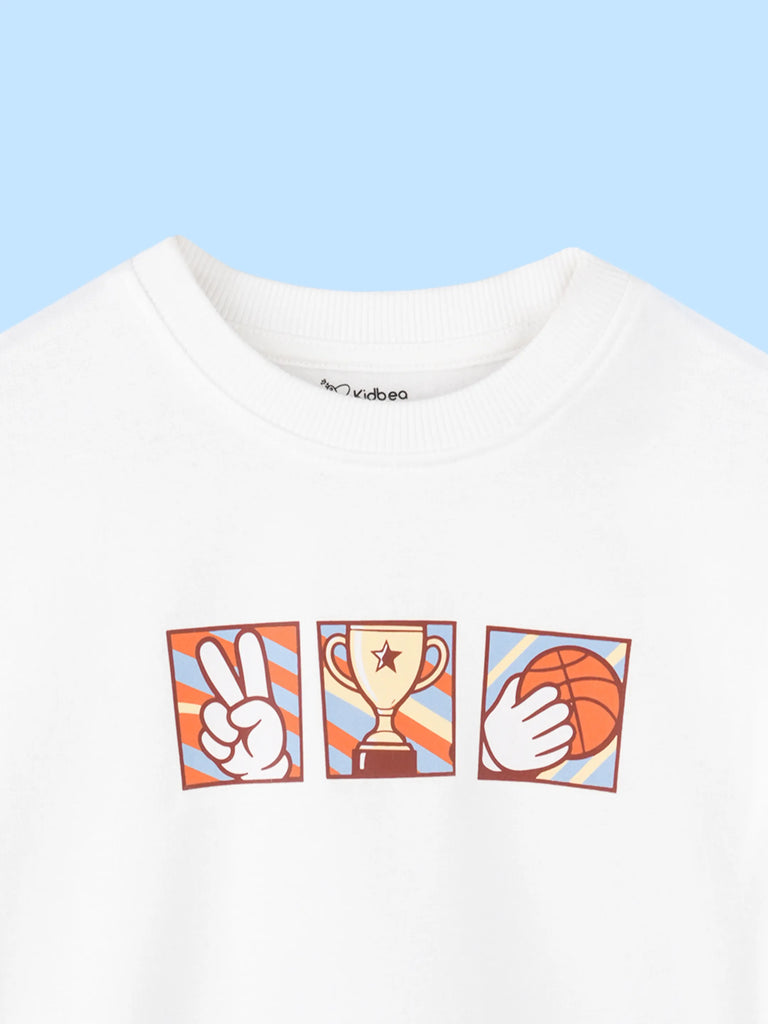 BambooTEC™ Unisex Kids Sweatshirt – White Sports Graphic Full-Sleeve Crewneck