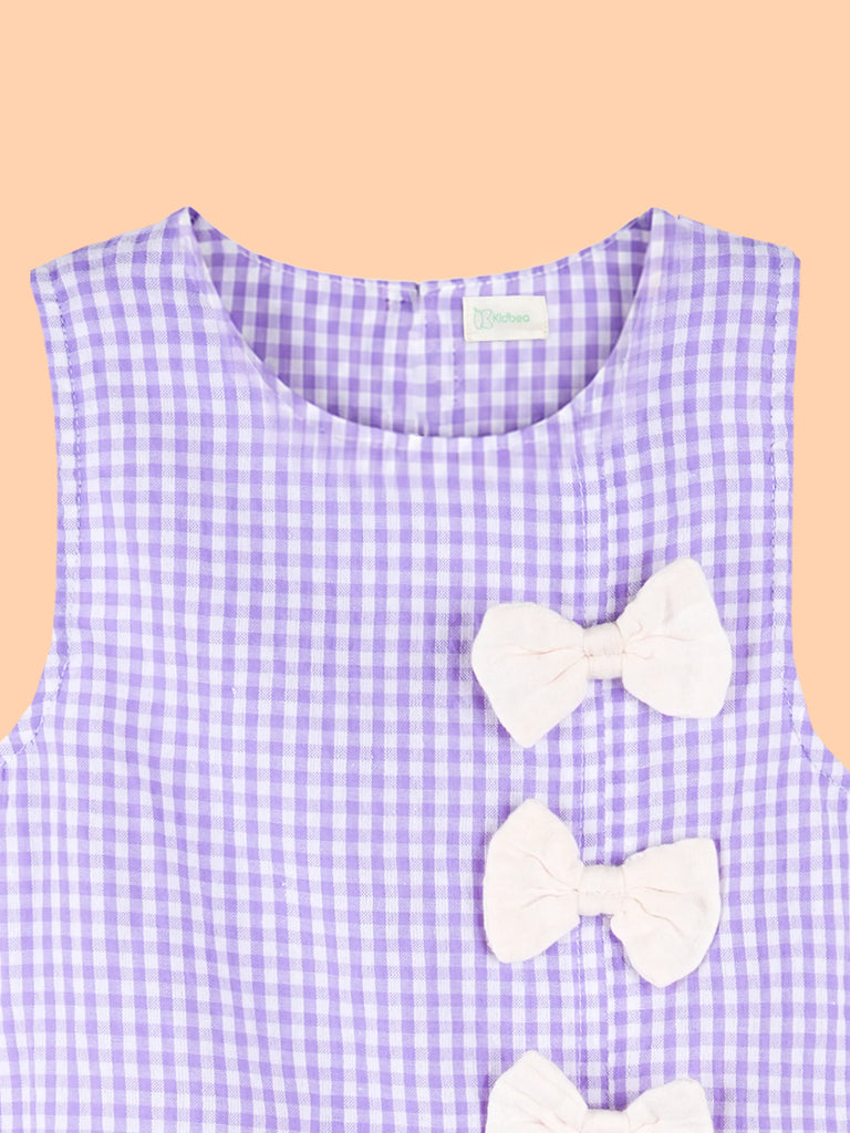 Girls Cotton Gingham Frock – Lavender Check Dress with White Bow Details