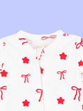 Cotton Baby Footed Romper – White Bow & Star Print Full-Sleeve Romper