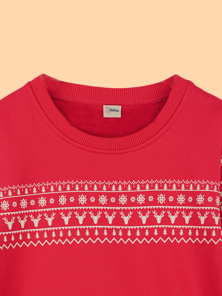 Unisex Cotton Sweatshirt – Red Full-Sleeve Christmas Fair Isle Printed Pullover