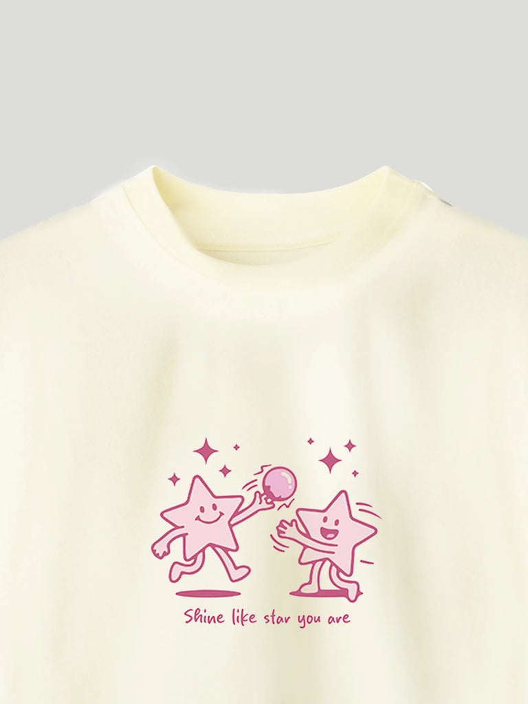 Unisex Bamboo Fabric Cream Shine Like Star Print Oversized T-Shirt