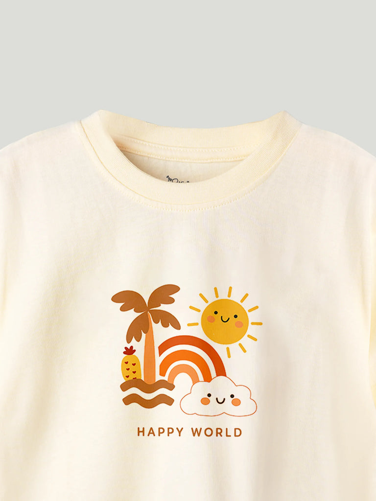 Unisex Bamboo Fabric Cream Happy World Print Oversized T-Shirt