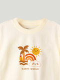 Unisex Bamboo Fabric Cream Happy World Print Oversized T-Shirt