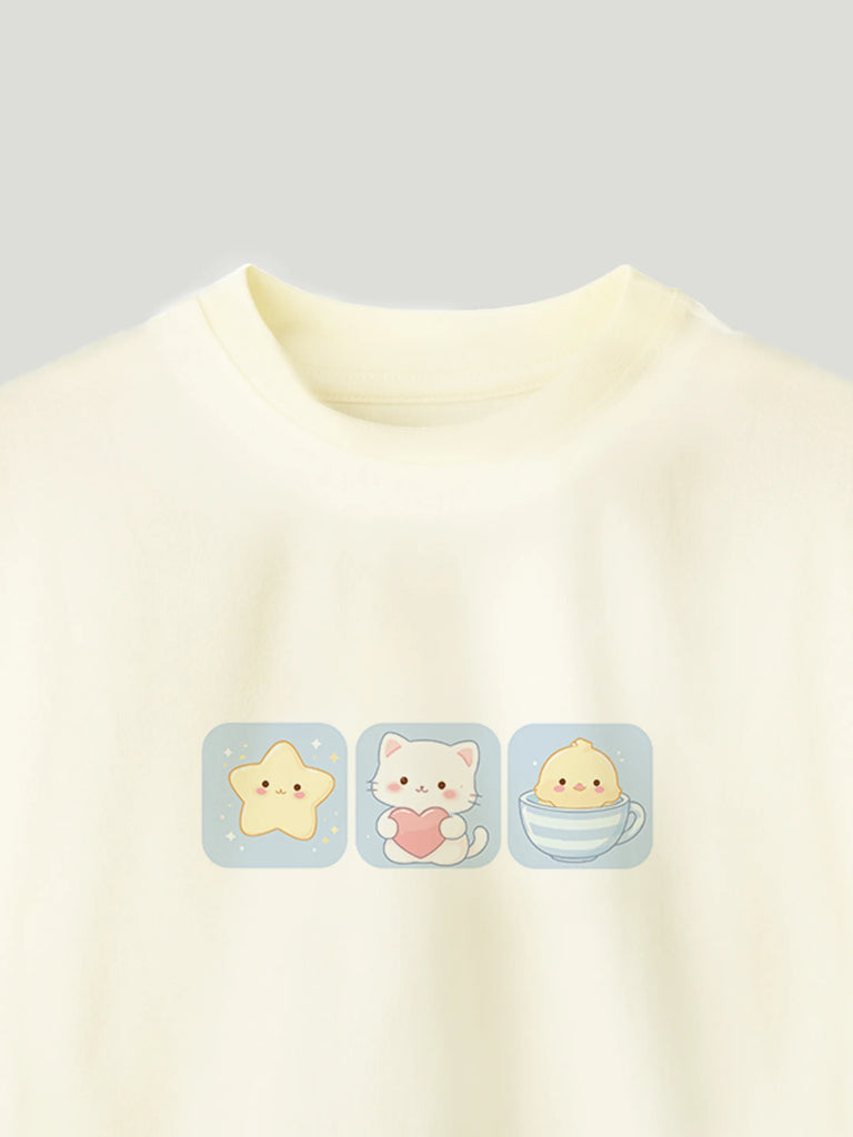 Unisex Bamboo Fabric Yellow Cute Friends Print Oversized T-Shirt