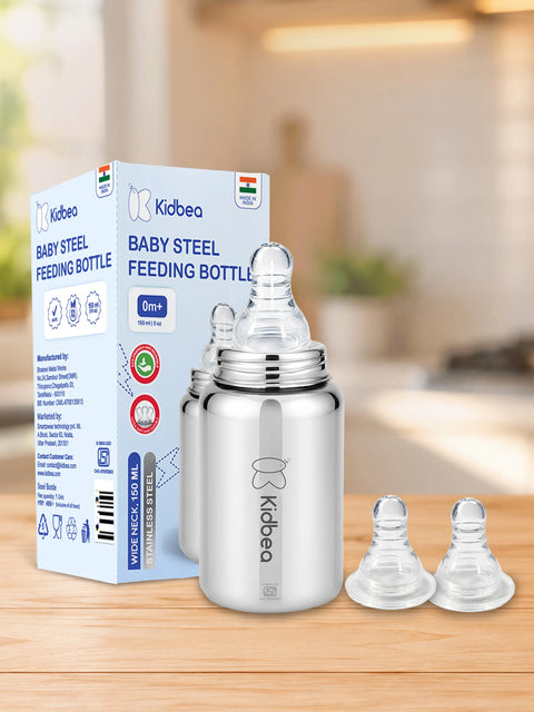 Stainless Steel Feeding Bottle 150ml with 2 Extra Nipples