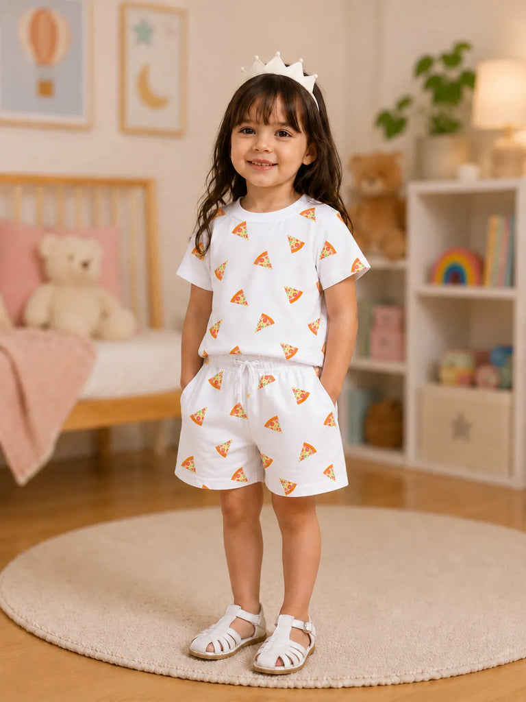 Organic Cotton Unisex Kids Co-ord Set – Soft Breathable Pizza Print T-Shirt & Shorts Set