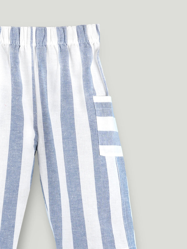 Girls Cotton Striped Peplum Top & Wide Leg Pants Co-ord Set - Blue & White