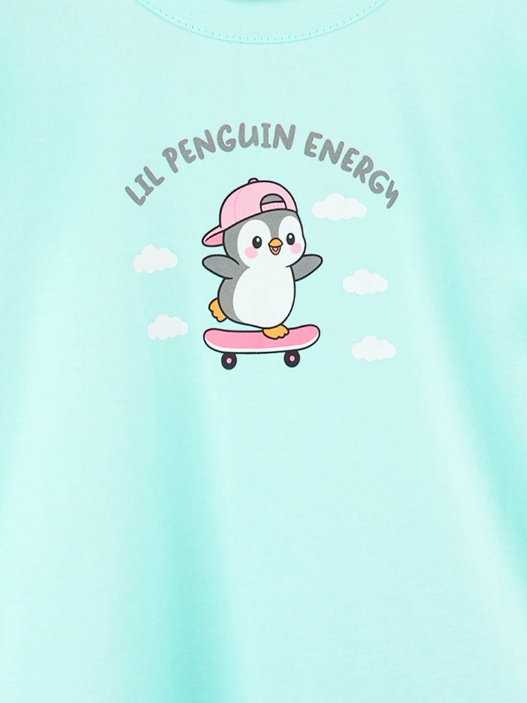 Girls Aqua Top – Lil Penguin Energy Print with Ruffle Sleeves