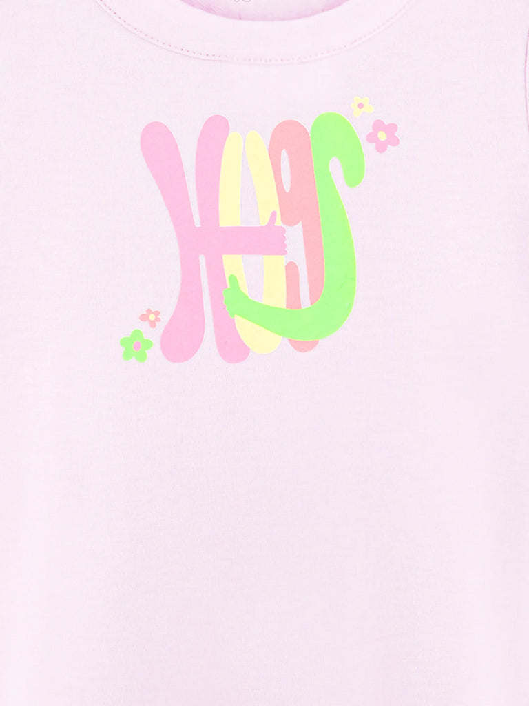 Girls Pink Top – Happy Floral Letter Print with Ruffled Edges
