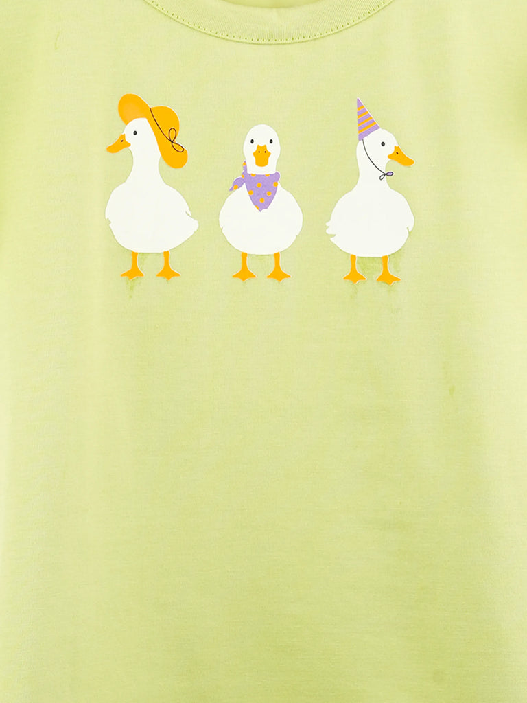 Girls Light Green Top – Cute Duck Print with Ruffle Sleeves