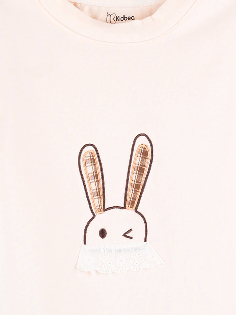 Girls Cotton Co-Ord Set – Peach Bunny T-Shirt with Denim Shorts