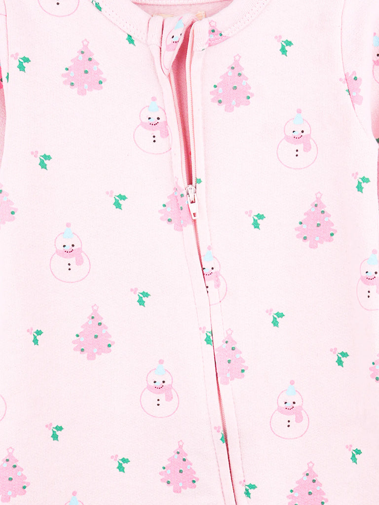 Cotton Baby Girls Footed Romper – Pink Christmas Print Full-Sleeve Romper
