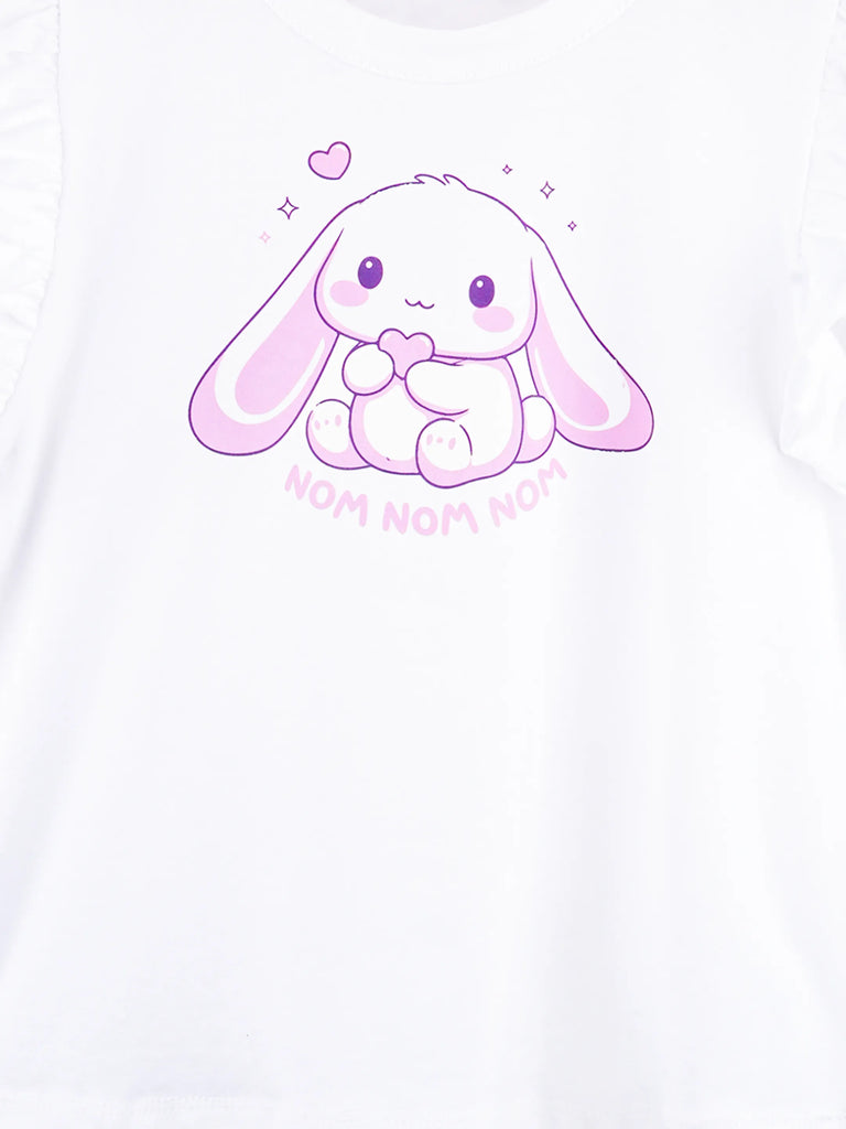 Girls White Top – Cute Bunny “Nom Nom Nom” Print with Ruffle Sleeves