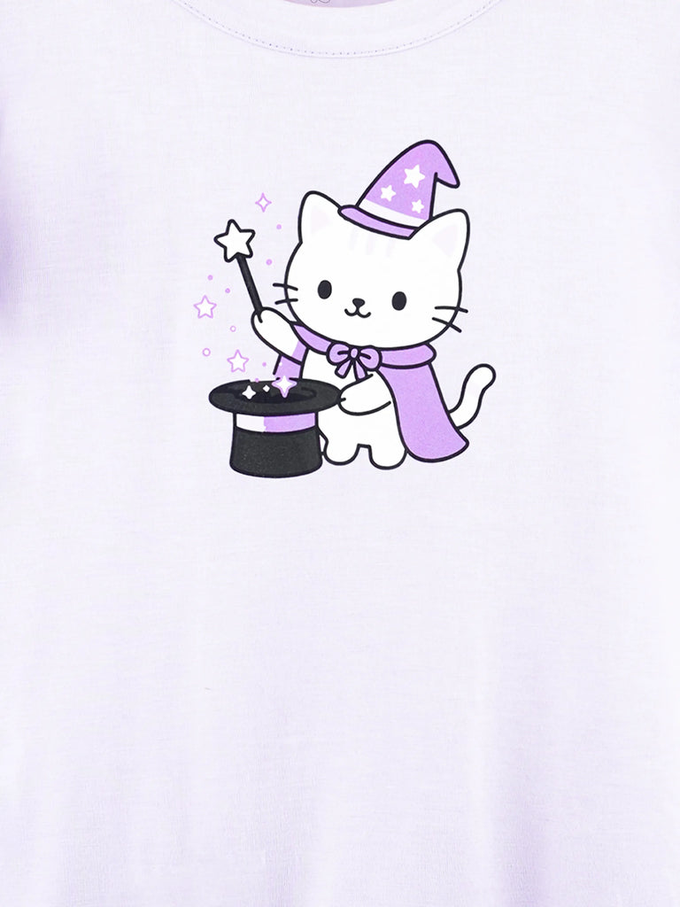 BambooTEC™ Bamboo Girls Lavender Top – Magic Cat Print with Ruffle Sleeves