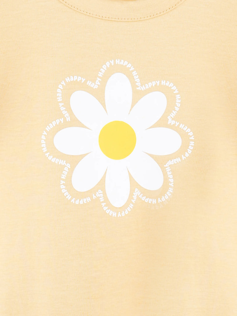 Girls Yellow Top – Daisy Flower Print with Ruffle Sleeves