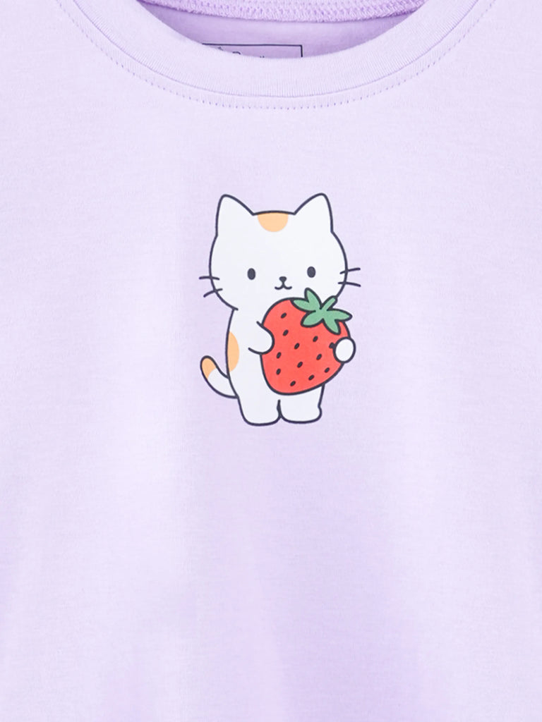 Girls Lavender Full-Sleeve Top – Strawberry Kitty Print