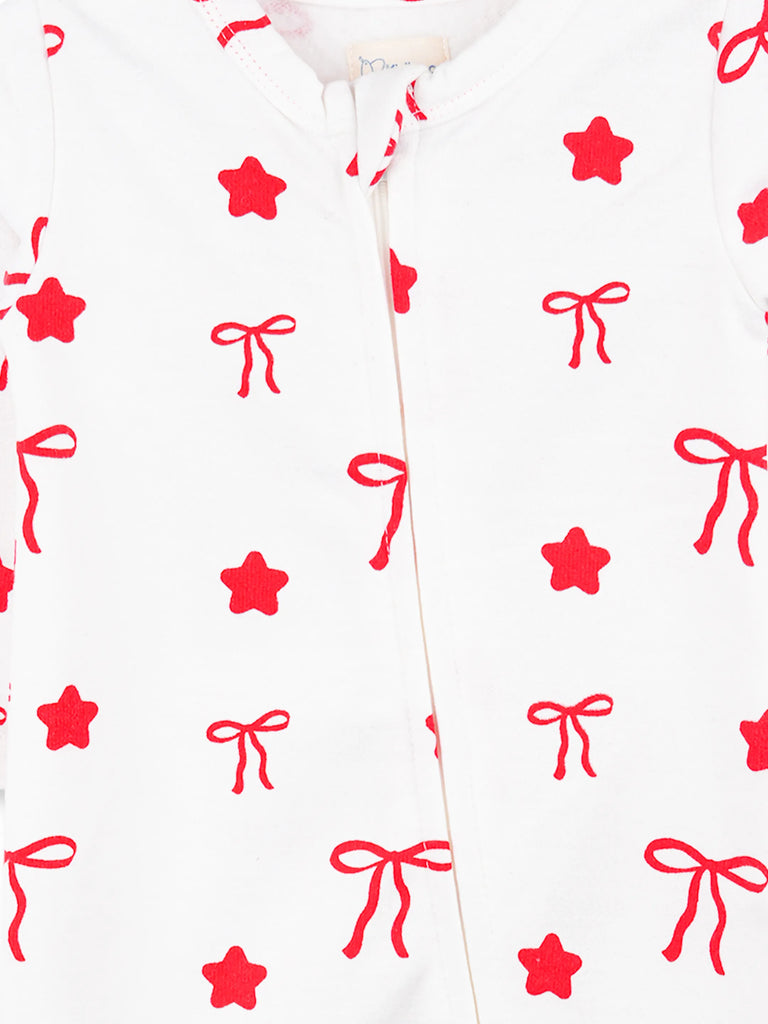 Cotton Baby Footed Romper – White Bow & Star Print Full-Sleeve Romper