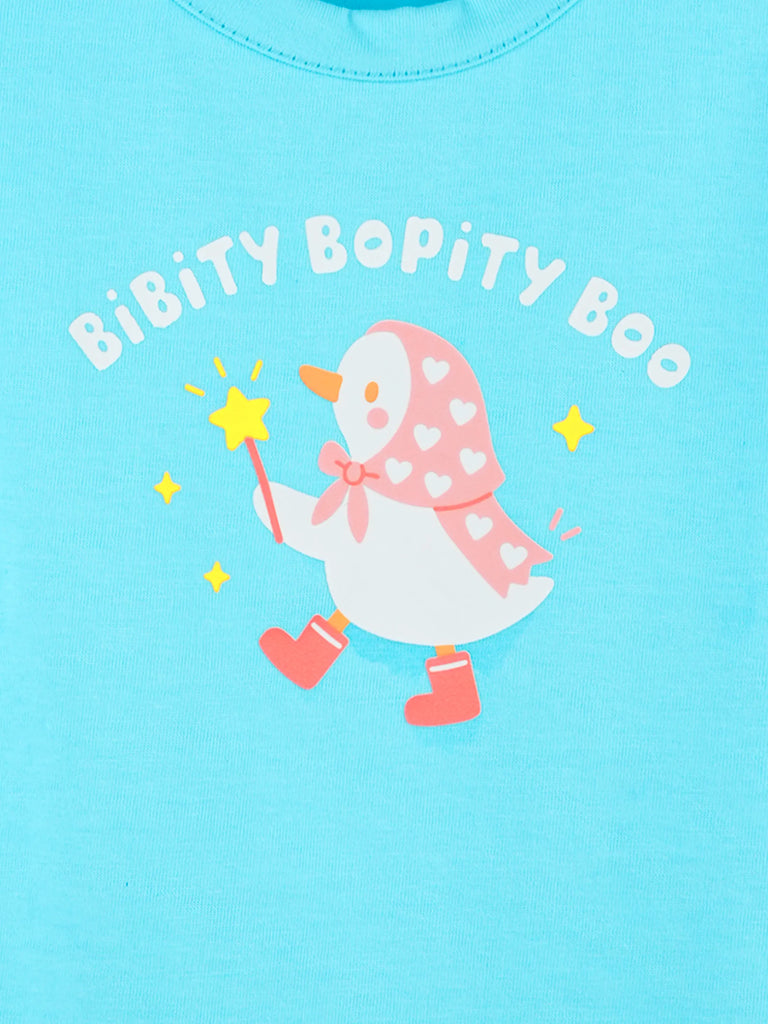 Girls Blue Top – Bibity Bopity Boo Penguin Print with Ruffle Sleeves