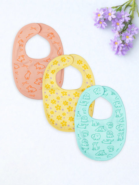 Organic Cotton Baby Bib Pack of 3 – Soft Breathable Bunny , Flower & Dog Print, Feeding & Drool Bibs