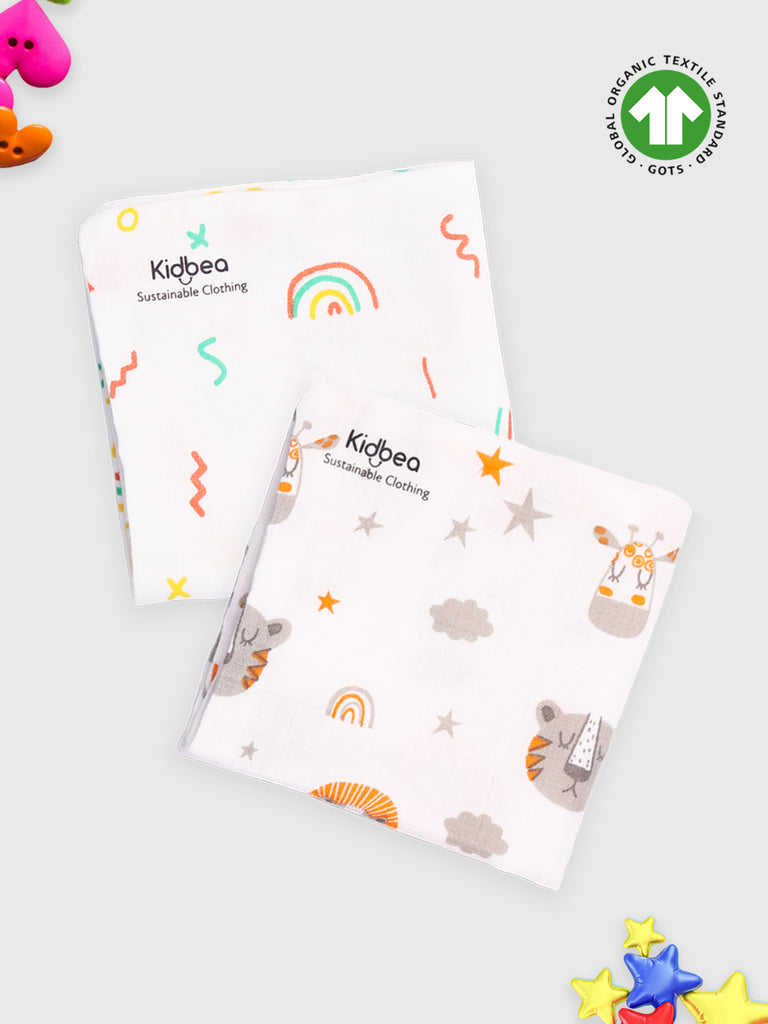 Muslin Premium ultra Soft doubled layer Napkin Multicolor - Pack of 2 | Tiger & Rainbow