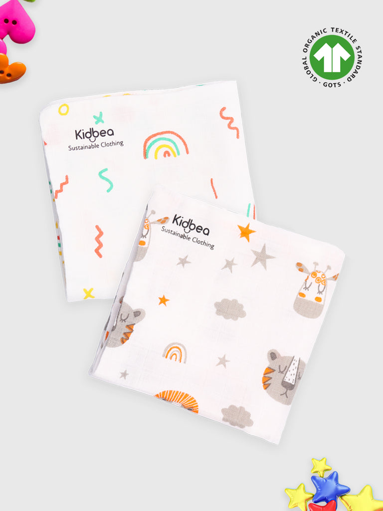 Kidbea Muslin Premium ultra Soft doubled layer Napkin Multicolor - Pack of 2 | Tiger & Rainbow