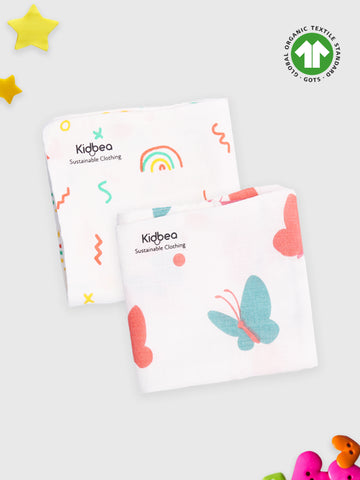 Muslin Premium ultra Soft doubled layer Napkin Multicolor  | Pack of 2 | Butterfly & Rainbow