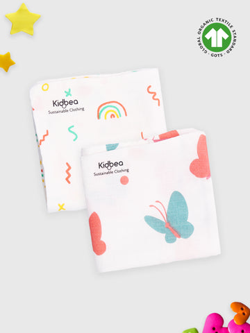 Kidbea Muslin Premium ultra Soft doubled layer Napkin Multicolor  | Pack of 2 | Butterfly & Rainbow