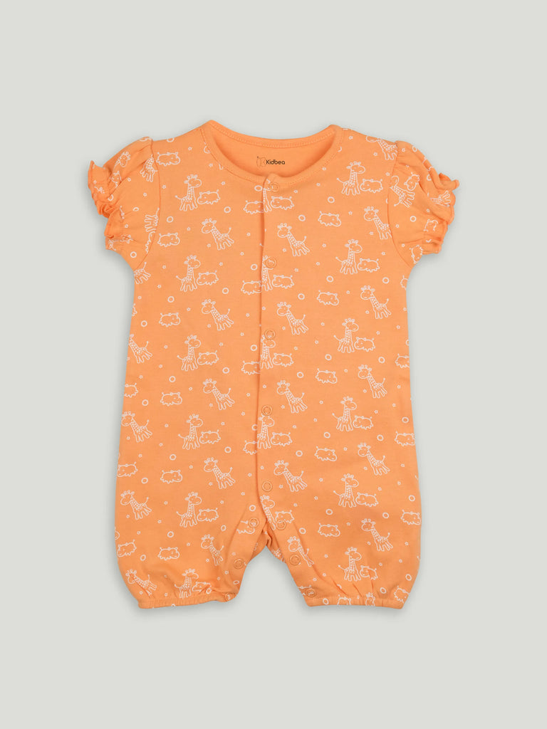 Baby Girl Orange Giraffe Print Romper with Ruffle Sleeves