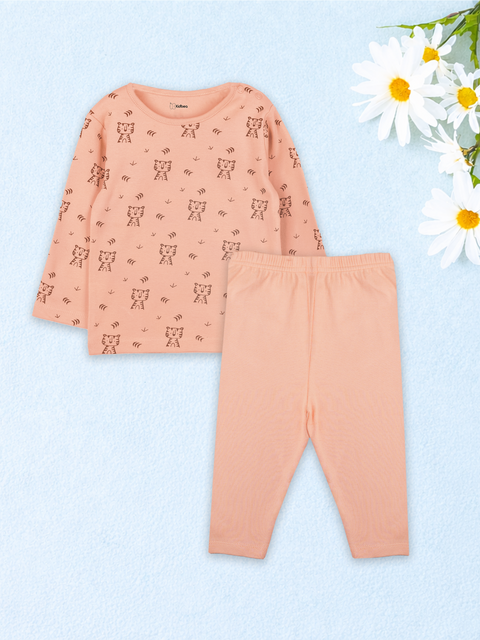 Organic Cotton Unisex Baby Co-ord Set – Soft Breathable Peach Tiger Print Full Sleeve Top & Pants for Infants