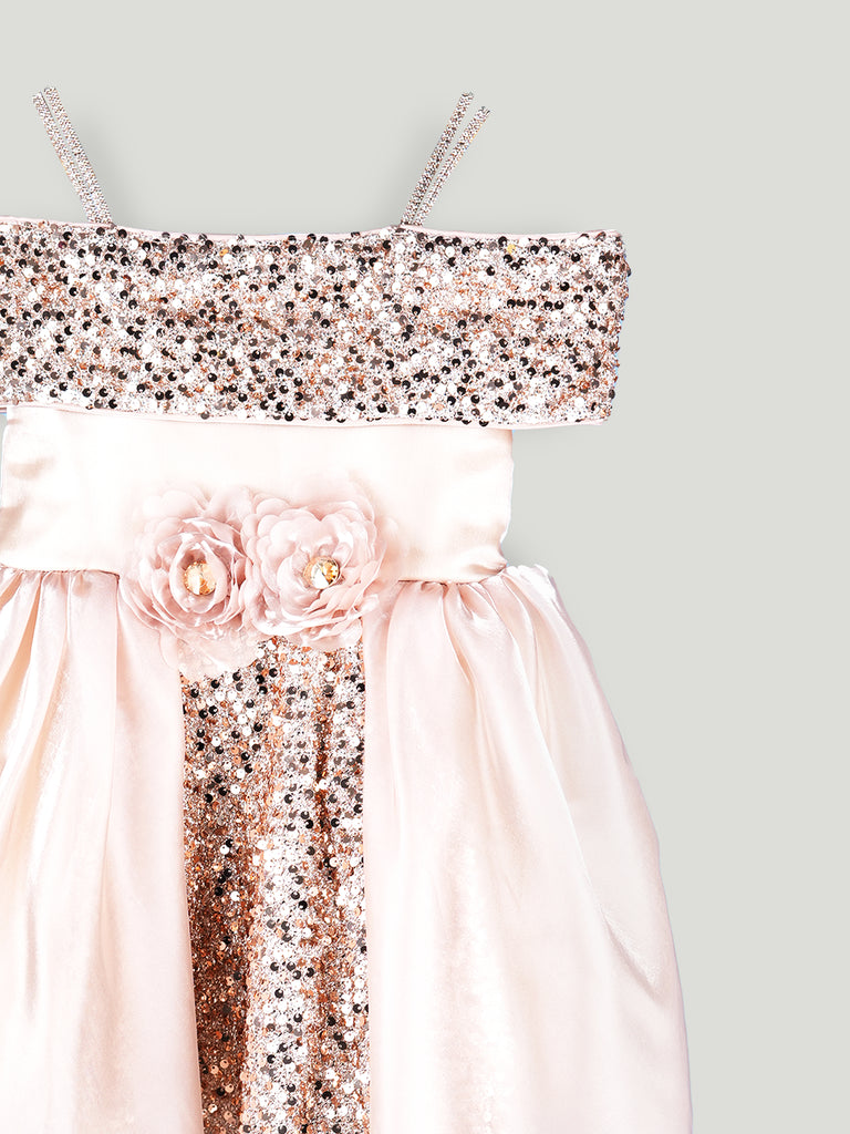 Girls Pink Partywear Frock – Sequin & Floral Embellished High-Low Dress