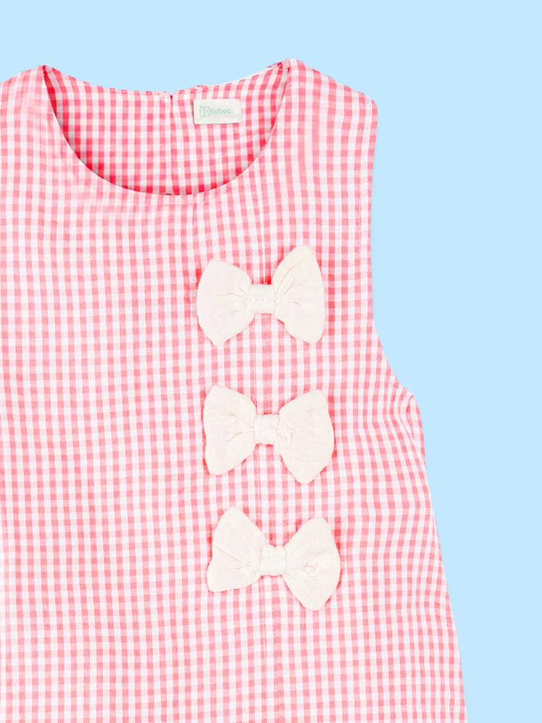 Girls Cotton Gingham Frock – Pink Check Dress with Bow Details