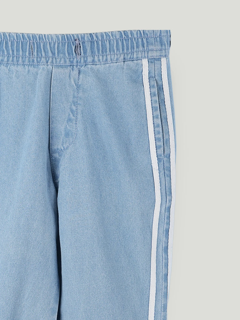 Girls Denim Jogger Pants with Side Stripe - Light Blue