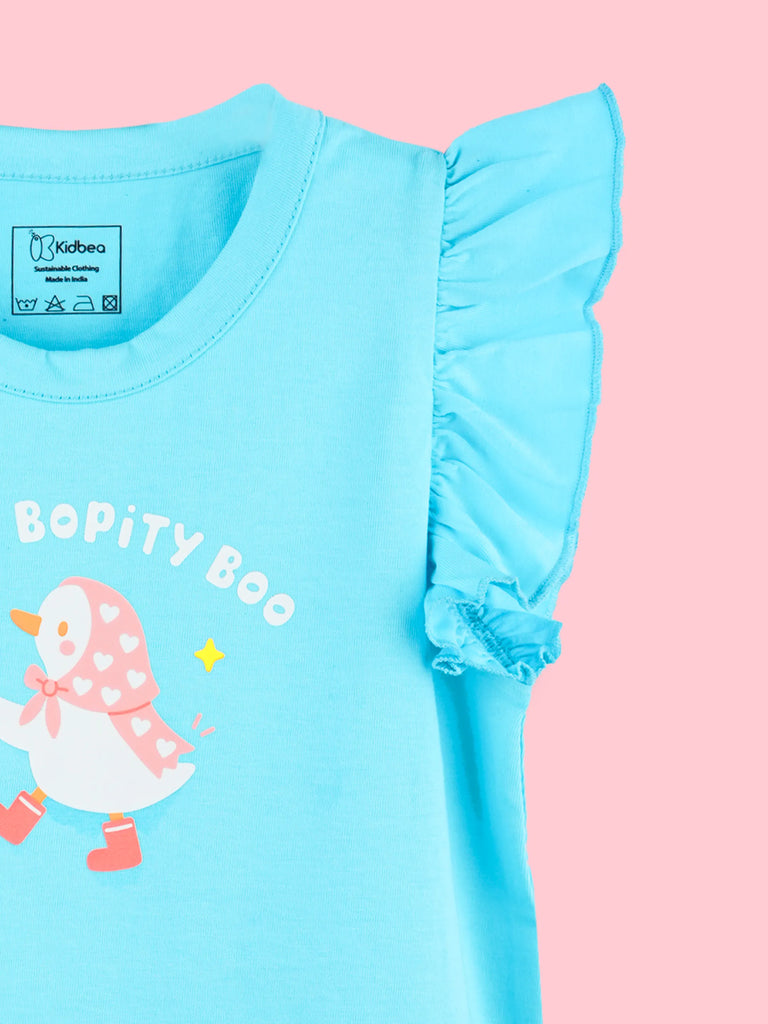 Girls Blue Top – Bibity Bopity Boo Penguin Print with Ruffle Sleeves