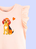 Girls Peach Top – Cute Puppy Print with Ruffle Sleeves