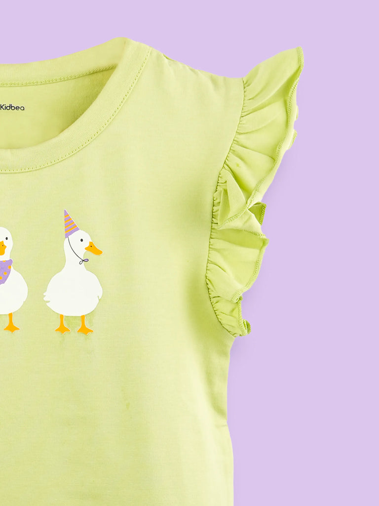 Girls Light Green Top – Cute Duck Print with Ruffle Sleeves