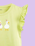 Girls Light Green Top – Cute Duck Print with Ruffle Sleeves