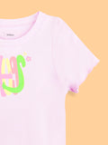 Girls Pink Top – Happy Floral Letter Print with Ruffled Edges