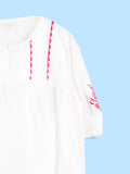 Girls Cotton Dress – White 3/4 Sleeve Dress with Red Embroidery & Scalloped Details