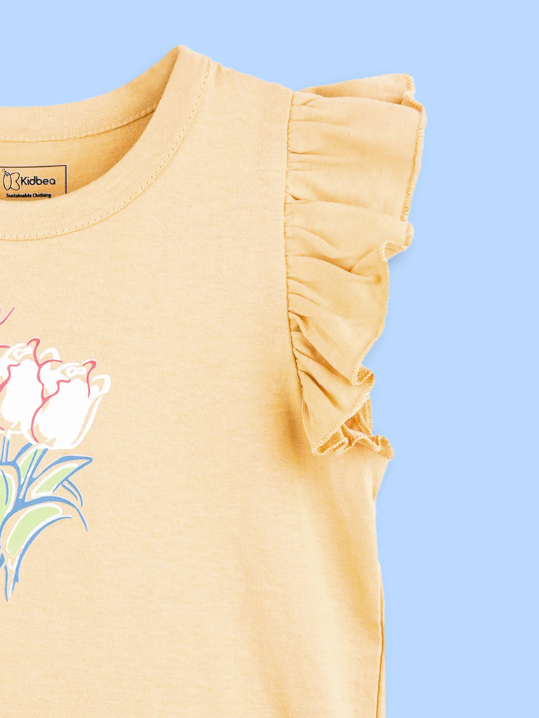 Girls Yellow Top – Bloom Floral Print with Ruffle Sleeves