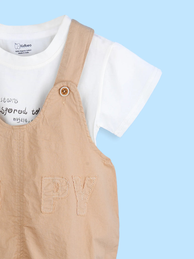 Kids Cotton Dungaree Set with T-Shirt – Beige Suspender Romper & White Tee Set