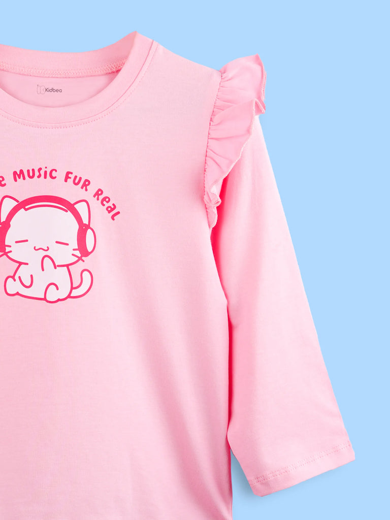 Girls Pink Full-Sleeve Top – Love Music Fur Real Print