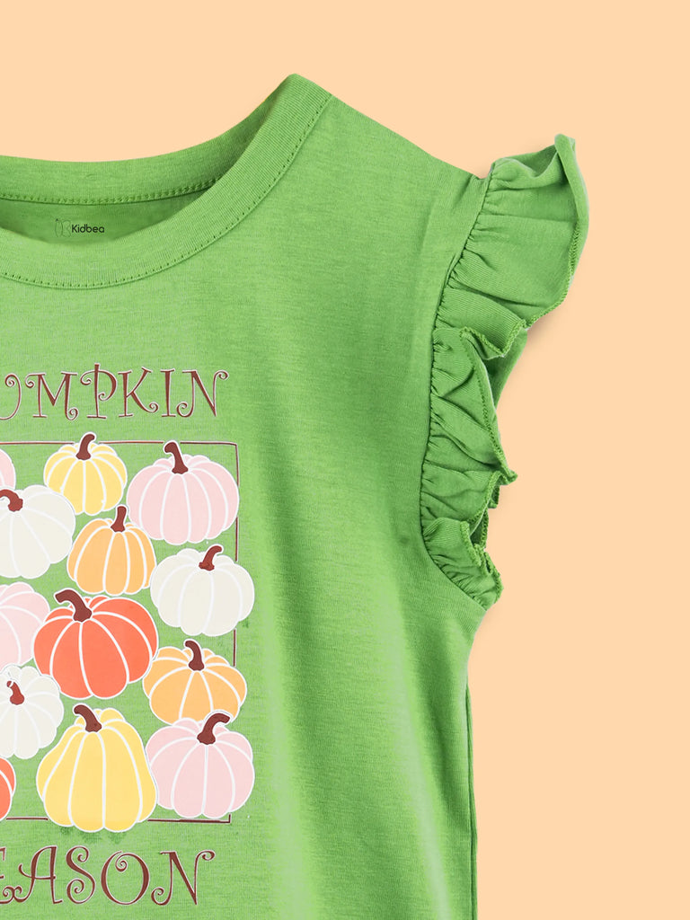Girls Green Top – Pumpkin Season Print with Ruffle Sleeves