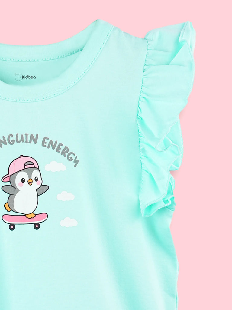 Girls Aqua Top – Lil Penguin Energy Print with Ruffle Sleeves